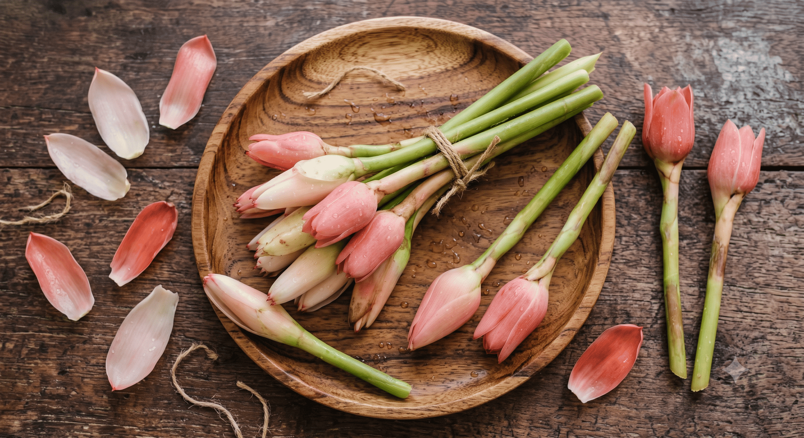 Fresh pink Torch Ginger buds (Bunga Kantan / Kecombrang) arranged on a wooden plate for cooking and medicinal use.