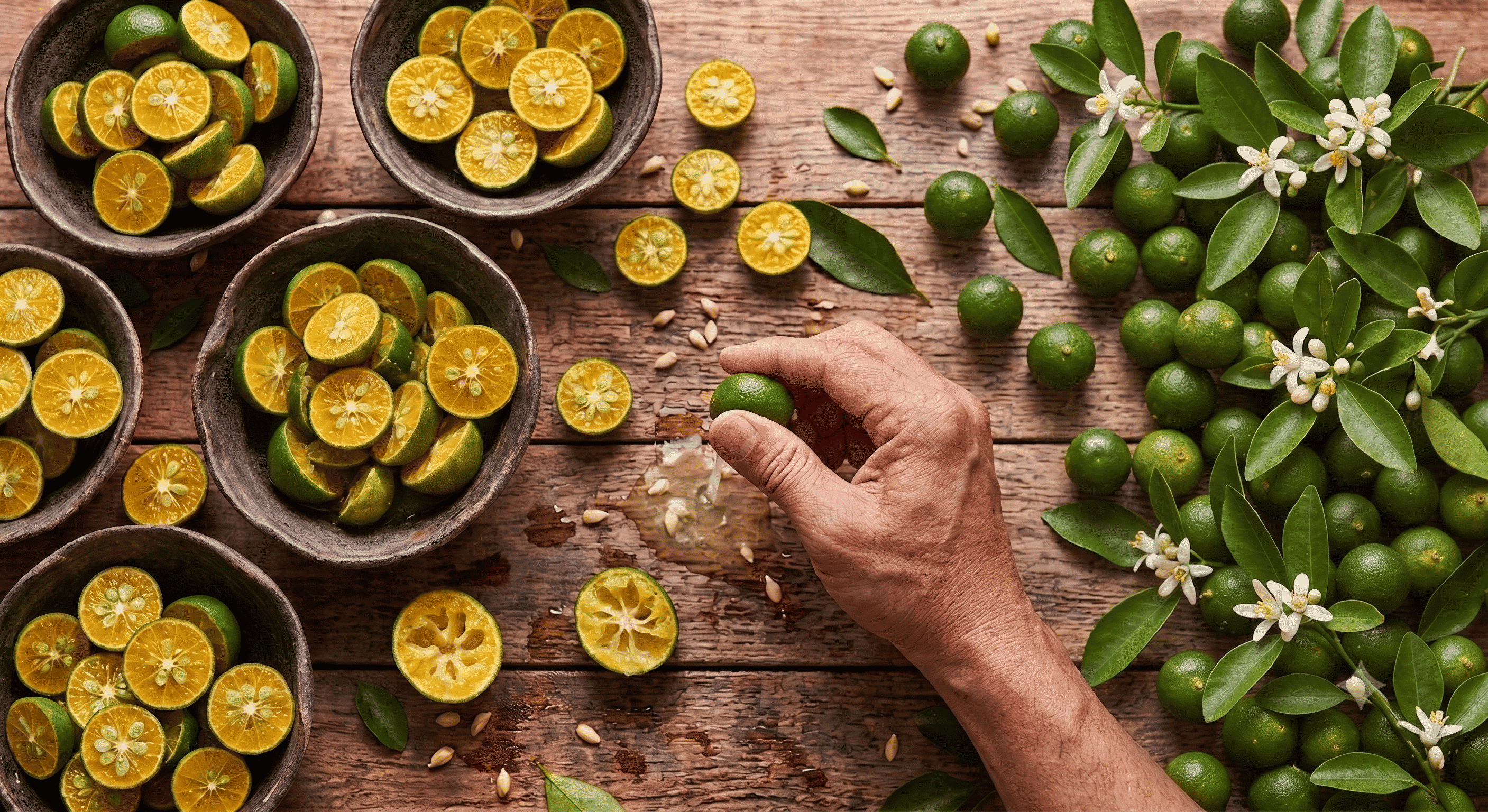Top-down view of fresh calamansi cut in half in ceramic bowls with hand squeezing juice over wooden table.