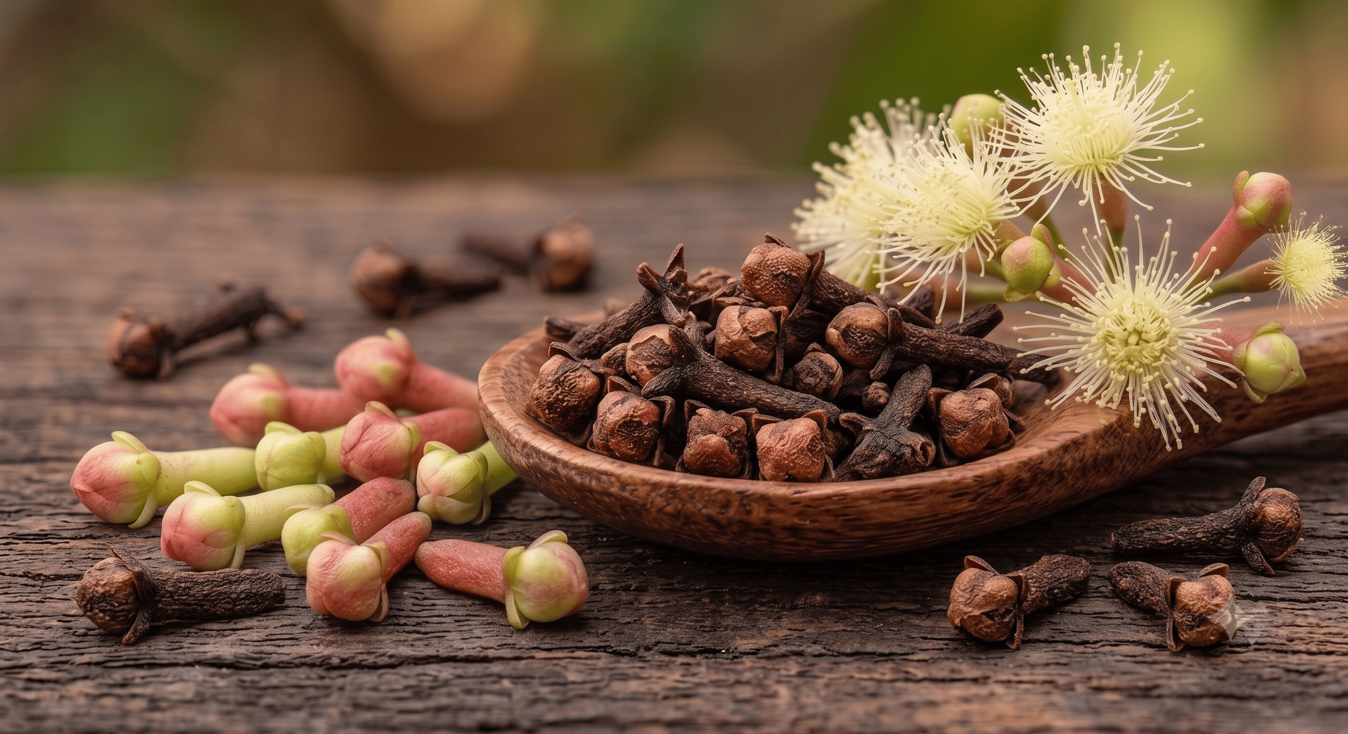 Close up view of dried cloves in a wooden spoon next to fresh blooming clove flowers and green buds on a rustic background.