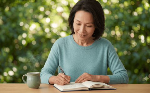 An elegant middle-aged Asian woman smiling while writing in her symptoms diary next to a hot cup of tea.