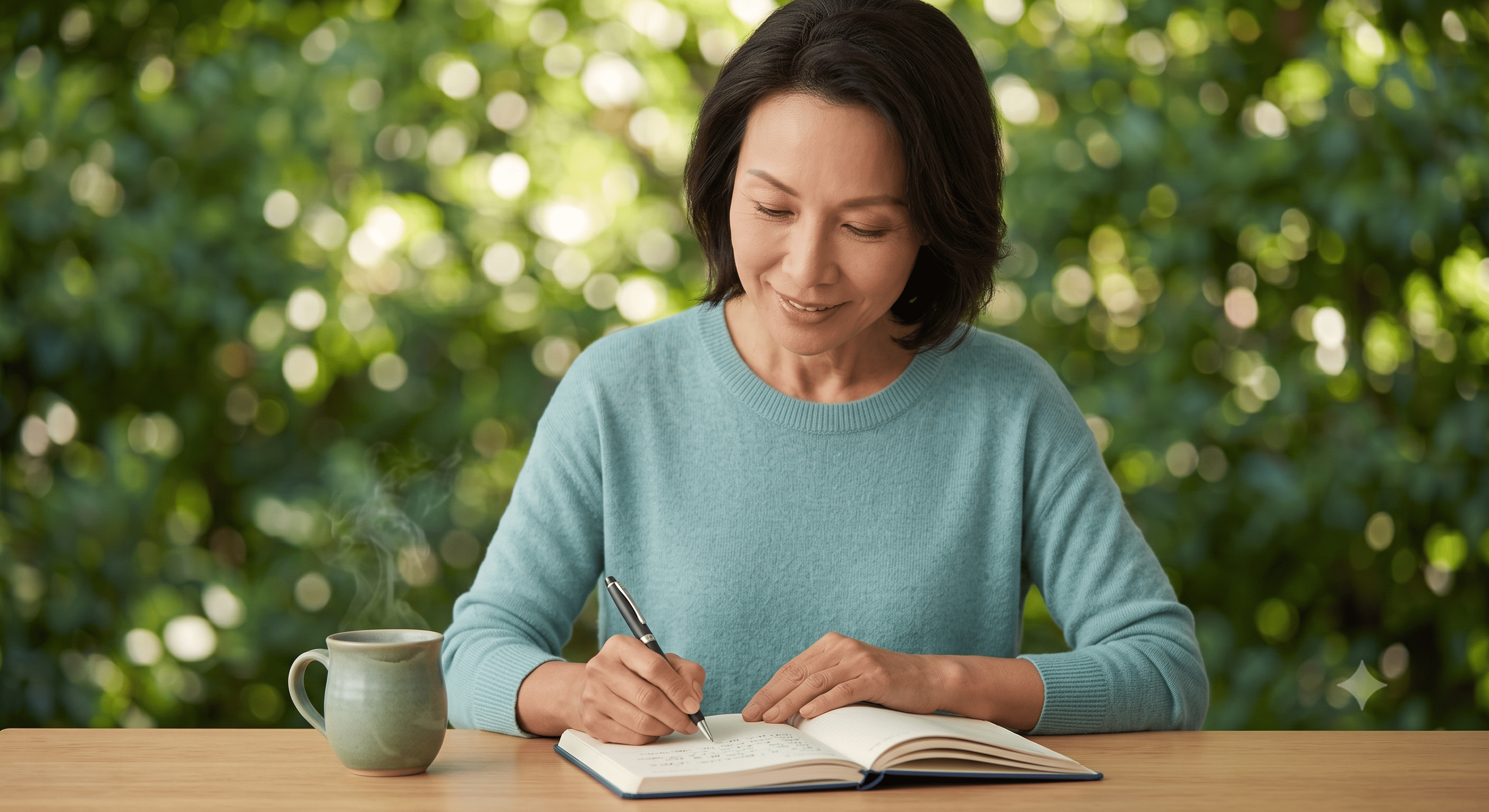 An elegant middle-aged Asian woman smiling while writing in her symptoms diary next to a hot cup of tea.