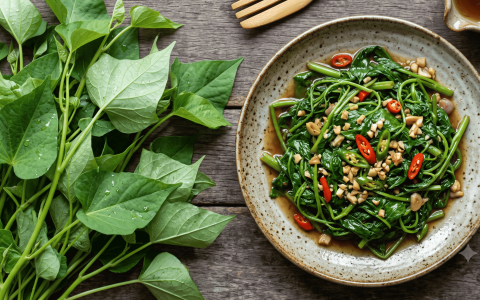 Top view of fresh sweet potato leaves next to a plate of garlic stir-fried sweet potato greens