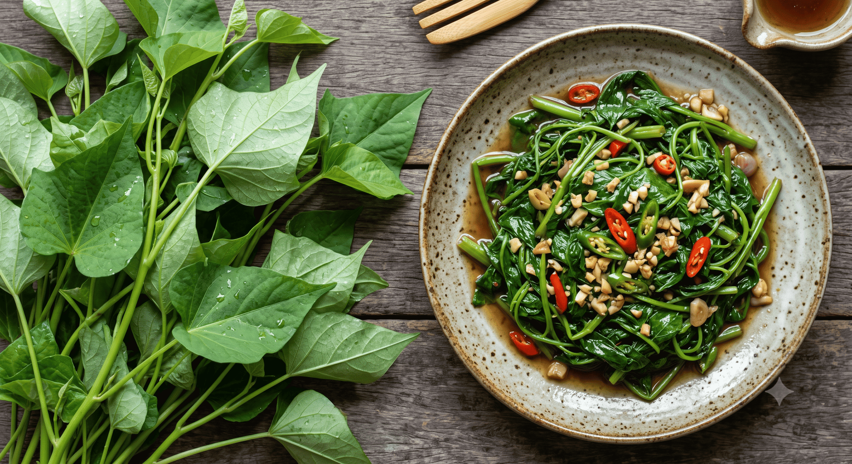 Top view of fresh sweet potato leaves next to a plate of garlic stir-fried sweet potato greens